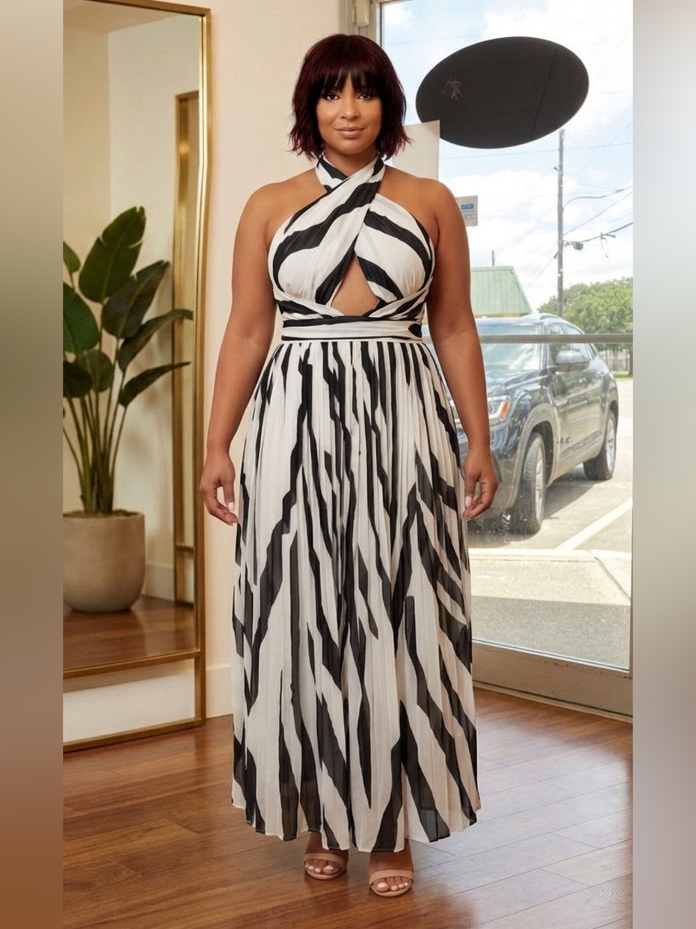 L'ATISTE Black & White One-Shoulder Zebra Print Maxi Dress